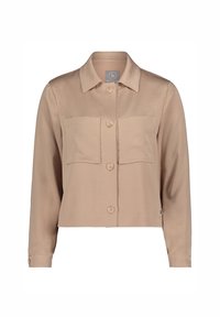 Beige cropped jack met lange mouwen, knoopsluiting en twee borstzakken. Gemaakt van soepel materiaal met een gestructureerde kraag.
