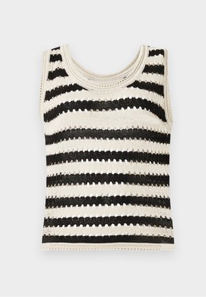 Knitted sleeveless top with horizontal black and cream stripes, featuring a round neckline and a textured pattern.