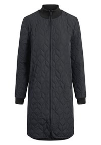 Prošívaný černý kabát s kulatým výstřihem, plným zipem, manžetami s žebrováním a střihem do kolen, který má diamantový vzor.