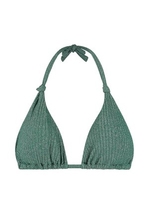 Zielony bikini top z prążkowanej tkaniny, z trójkątnymi miseczkami, wiązany na szyi i z regulowanym paskiem z tyłu.