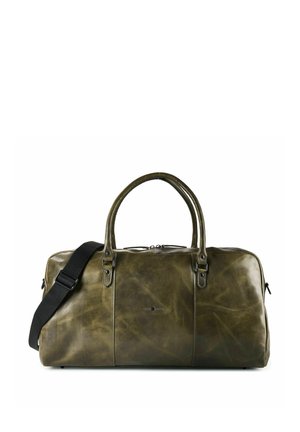 Sac polochon en cuir vert olive avec double poignée et bandoulière noire réglable, fermeture éclair et logo discret de la marque à l'avant.