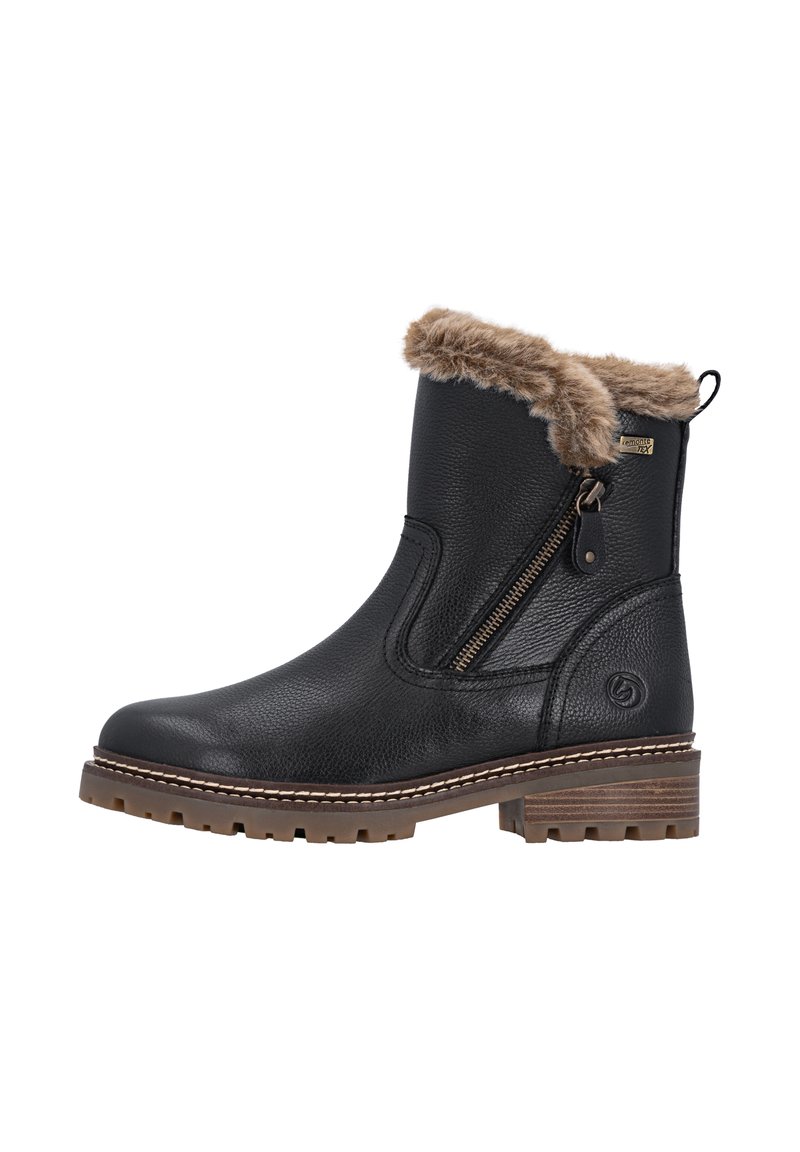 Schwarze Leder-Stiefelette mit einem Kunstpelzbesatz am oberen Rand, ausgestattet mit einem seitlichen Reißverschluss und einer strukturierten Gummisohle für besseren Halt.