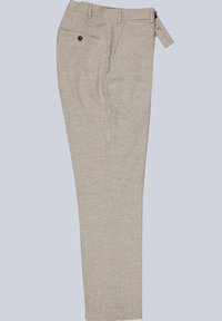 Hellgraue, flach vorn geschnittene Hose aus strukturiertem Stoff, mit einem einzelnen schwarzen Knopf, Gürtelschlaufen und Seitentaschen.