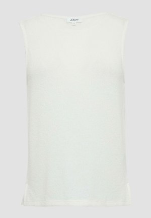 Top senza maniche bianco in un materiale a maglia texturizzato, con scollatura rotonda e spacchi ai lati dell'orlo per facilitare il movimento.