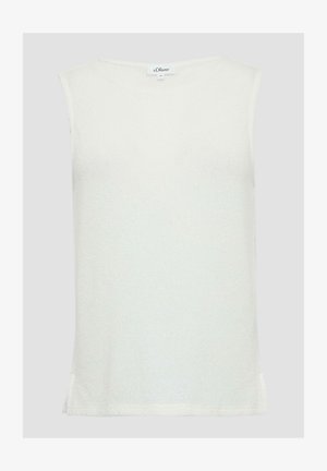 Top senza maniche bianco in un materiale a maglia texturizzato, con scollatura rotonda e spacchi ai lati dell'orlo per facilitare il movimento.