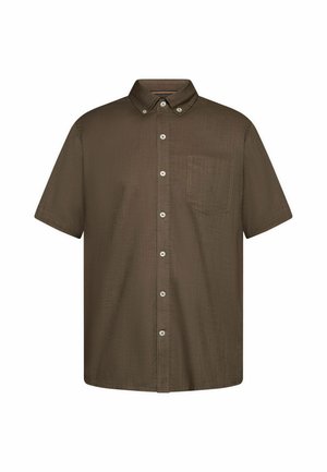 Brun kortærmet skjorte med knapper, med knappet krave og brystlomme, lavet af tekstureret stof.