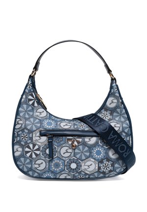 Borsa a tracolla blu con motivo, tasca frontale con cerniera, logo decorativo e tracolla regolabile in tessuto con testo brandizzato.