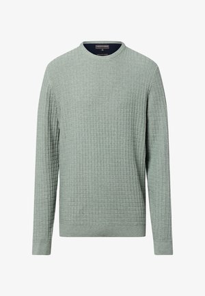 Jasnozielony sweter o teksturowanym, kratkowanym wzorze, z zaokrąglonym dekoltem i ściągaczami na rękawach. Wykonany z miękkiego materiału dziewiarskiego.