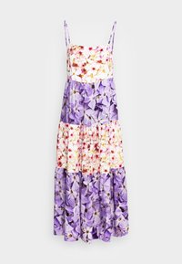Robe maxi sans manches à volants avec fines bretelles, présentant des panneaux alternés de motifs floraux rose et violet sur un fond blanc.