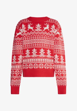 Piros kötött pulóver Fair Isle mintával, fehér rénszarvasokkal, fákkal és hópelyhekkel. Bordás kerek nyak és mandzsetta. Rövid fazon.