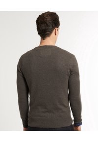 Dunkelolivgrüner Strickpullover mit rundem Halsausschnitt, langen �Ärmeln und einem gerippten Bündchen. Glatte Textur mit minimalen Details.
