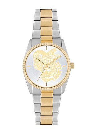 Silver and gold-tone watch with a round face, featuring a snake design and "KOOPLES" text. Metal bracelet with alternating links.