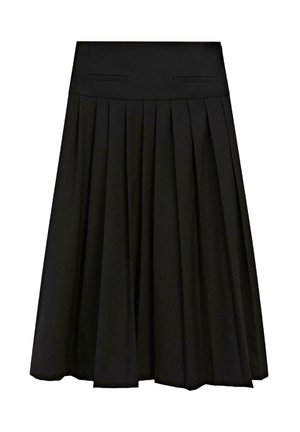 Zwarte geplisseerde midi-rok met brede tailleband en twee slanke horizontale zakdetails aan de voorkant.