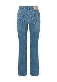 Hellblaue Denim-Jeans mit geradem Bein, ausgestattet mit zwei Gesäßtaschen mit dekorativer Naht und einem Markenlederetikett am Bund.