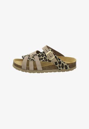 Slip-on sandal with cork sole, beige leather straps, and leopard print accents, featuring a gold buckle on the side strap.