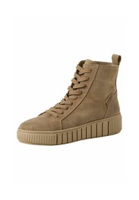 Beige Wildleder-Ankle Boots mit Schnürung, gepolstertem Schaft und strukturierten Gummisohlen mit vertikalen Rillen. Geeignet für Freizeitkleidung.