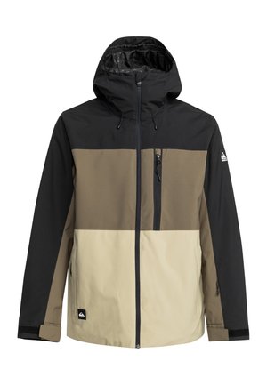 Chaqueta con capucha, con una sección superior negra, un medio color verde oliva y una parte inferior de color marrón claro. Presenta un bolsillo en el pecho y puños elásticos.