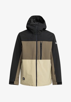 Hooded jacket with a black upper section, olive green middle, and light tan lower part. Features a chest pocket and elastic cuffs.