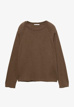 T-shirt marron à manches longues avec un col ras du cou côtelé, des manches raglan et une ourlet légèrement court. Fabriqué à partir d'un tissu doux et texturé.