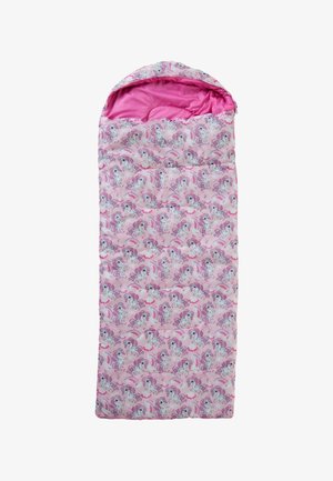 Roze slaapzak voor kinderen met eenhoorn-, regenboog- en wolkenpatronen, voorzien van een opgevouwen capuchon en een doorgestikte structuur.