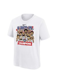 Wit katoenen T-shirt met een grafisch ontwerp van basketballers en de teksten "USA" en "CHAMPIONS" in vetgedrukte rode en blauwe letters.