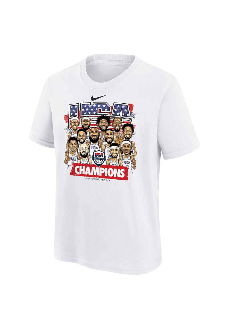 Wit katoenen T-shirt met een grafisch ontwerp van basketballers en de teksten "USA" en "CHAMPIONS" in vetgedrukte rode en blauwe letters.
