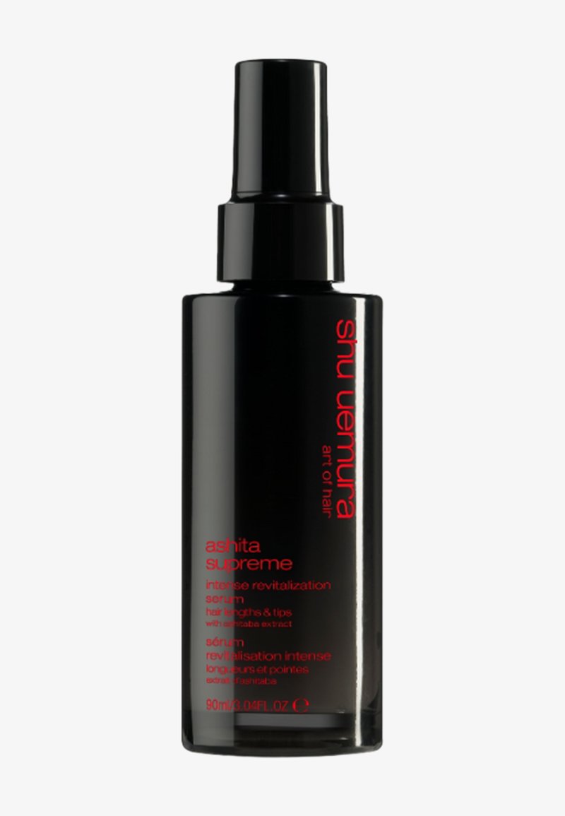 Svart sprayflaske merket "shu uemura art of hair ashita supreme intense revitalization serum" med 90 ml innhold.