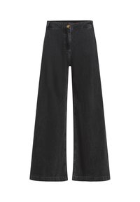 Black wide-leg jeans made of denim, featuring a high waist, button closure, and straight, flowing legs. Minimalist design with no embellishments.