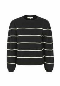 Fekete pulóver vízszintes fehér csíkokkal, kerek nyakkivágással, hosszú ujjakkal, elasztikus mandzsettával és szegéllyel. Puha kötött anyag bordázott textúrával.
