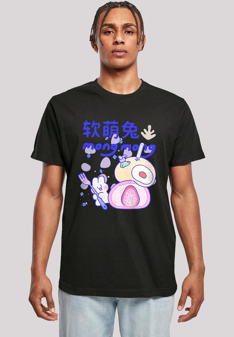 Black cotton t-shirt featuring colorful graphic design with cartoon elements, including food motifs and stylized text in blue and pink.
