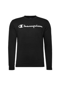 Sudadera negra de mezcla de algodón con mangas largas, puños acanalados y cuello redondo. Presenta un gran logotipo blanco de "Champion" en la parte frontal.