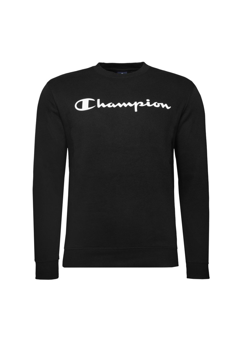 Sudadera negra de mezcla de algodón con mangas largas, puños acanalados y cuello redondo. Presenta un gran logotipo blanco de "Champion" en la parte frontal.