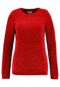 Červený svetr s dlouhými rukávy, texturovaným pleteným vzorem, kulatým výstřihem a žebrovanými lemy. Navržený pro volný střih.