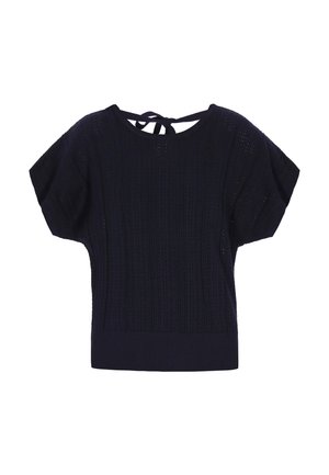 Granatowy, krótki sweter z dzianiny z teksturowanymi pionowymi wzorami oraz wiązaną kokardą na karku.