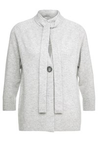 Cardigan en maille grise avec col montant, ouverture frontale et fermeture par un seul bouton. Comprend des manches longues ainsi que des poignets et un ourlet côtelés.