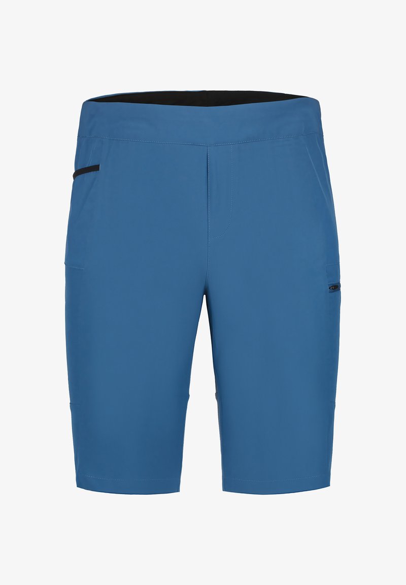 Pantalones cortos azules hechos de material ligero, con una cinturilla negra, bolsillos laterales y un diseño de corte recto.