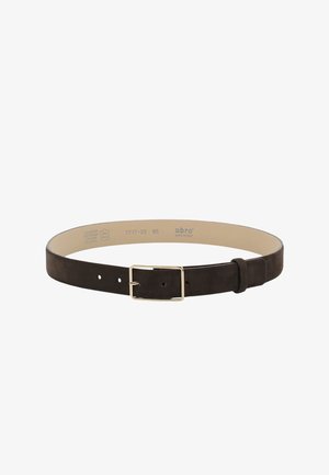 Brown leather belt with a smooth, suede-like texture. Features a rectangular gold-tone metal buckle and multiple adjustment holes.