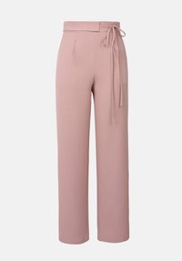 Roze wijde broek met een gestrikt middel, met een gladde textuur en twee voorzakken. Het ontwerp is op maat gemaakt met strakke lijnen.