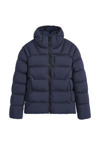 Veste matelassée bleu marine avec un col montant, une fermeture éclair intégrale à l'avant et un motif matelassé. Dispose de poches latérales et d'une texture légèrement rembourrée.
