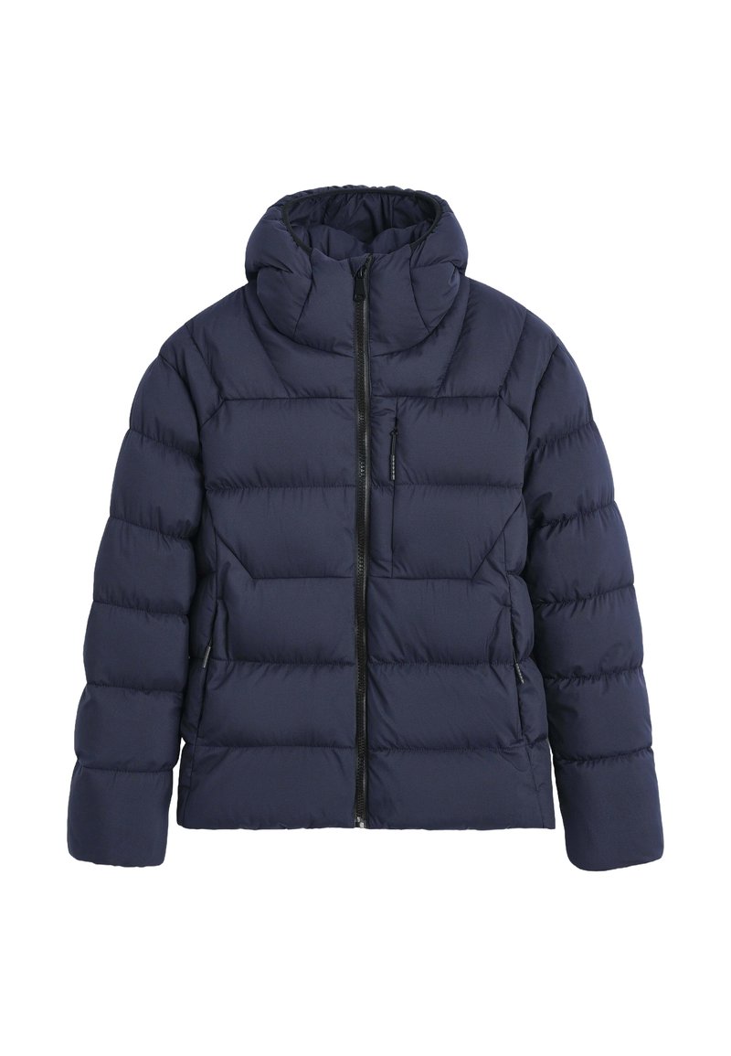 Veste matelassée bleu marine avec un col montant, une fermeture éclair intégrale à l'avant et un motif matelassé. Dispose de poches latérales et d'une texture légèrement rembourrée.