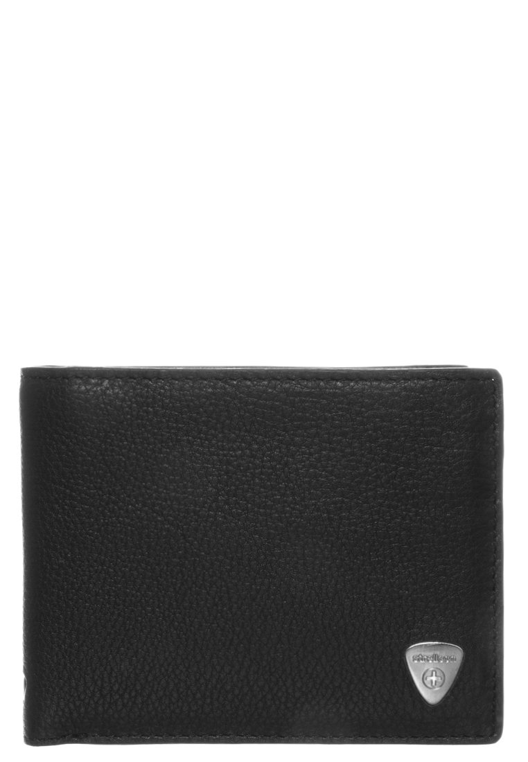 Portafoglio in pelle nera con finitura testurizzata, design a bi-fold, accento del logo in argento e cuciture a contrasto lungo i bordi.