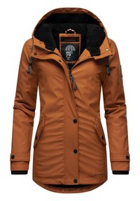 Brown waterproof parka with a fuzzy black lining, adjustable hood, front pockets, and a zip closure, featuring a graphic label inside.