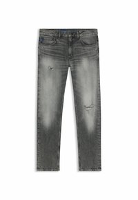 Gray denim jeans with a straight-leg fit. Features distressed patches, subtle fading, and five-pocket design. Top stitched waistband.