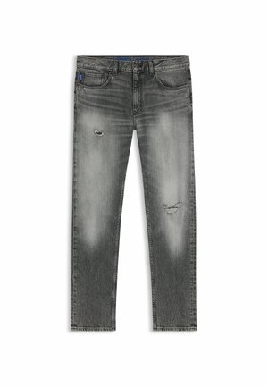 Grå denimjeans med rak passform. Har slitna lappar, subtila blekningar och femficksdesign. Toppsydd midja.