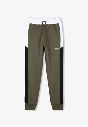 Olijfgroene joggingbroek met witte en zwarte zijpanelen, elastische tailleband met trekkoord, geribbelde boorden en "BOSS" logo op linker dijbeen.