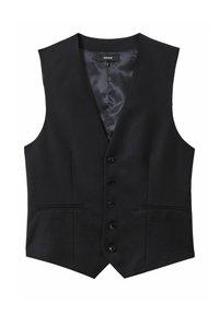 Vest negru fără mâneci, cu un interior neted, cinci nasturi frontali și două buzunare laterale. Fit ajustat și design elegant.