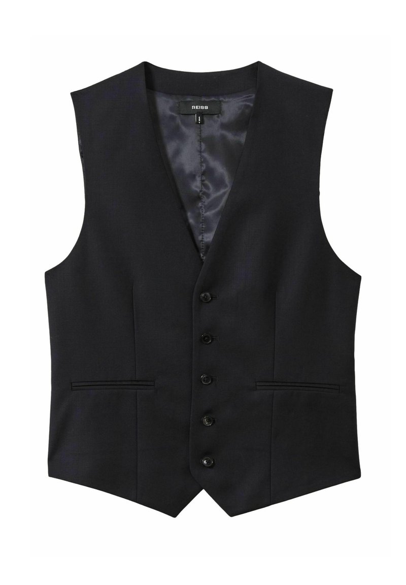 Vest negru fără mâneci, cu un interior neted, cinci nasturi frontali și două buzunare laterale. Fit ajustat și design elegant.