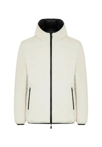 Giacca imbottita bianca con colletto alto, zip nera e tasche laterali. Presenta polsini elasticizzati e una texture liscia.