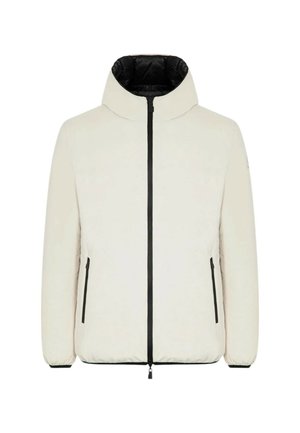 Giacca imbottita bianca con colletto alto, zip nera e tasche laterali. Presenta polsini elasticizzati e una texture liscia.