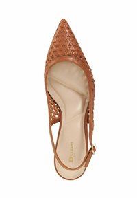 Woven tan leather pump with pointed toe and open heel, featuring a smooth interior sole and a gold-tone buckle detail on the ankle strap.